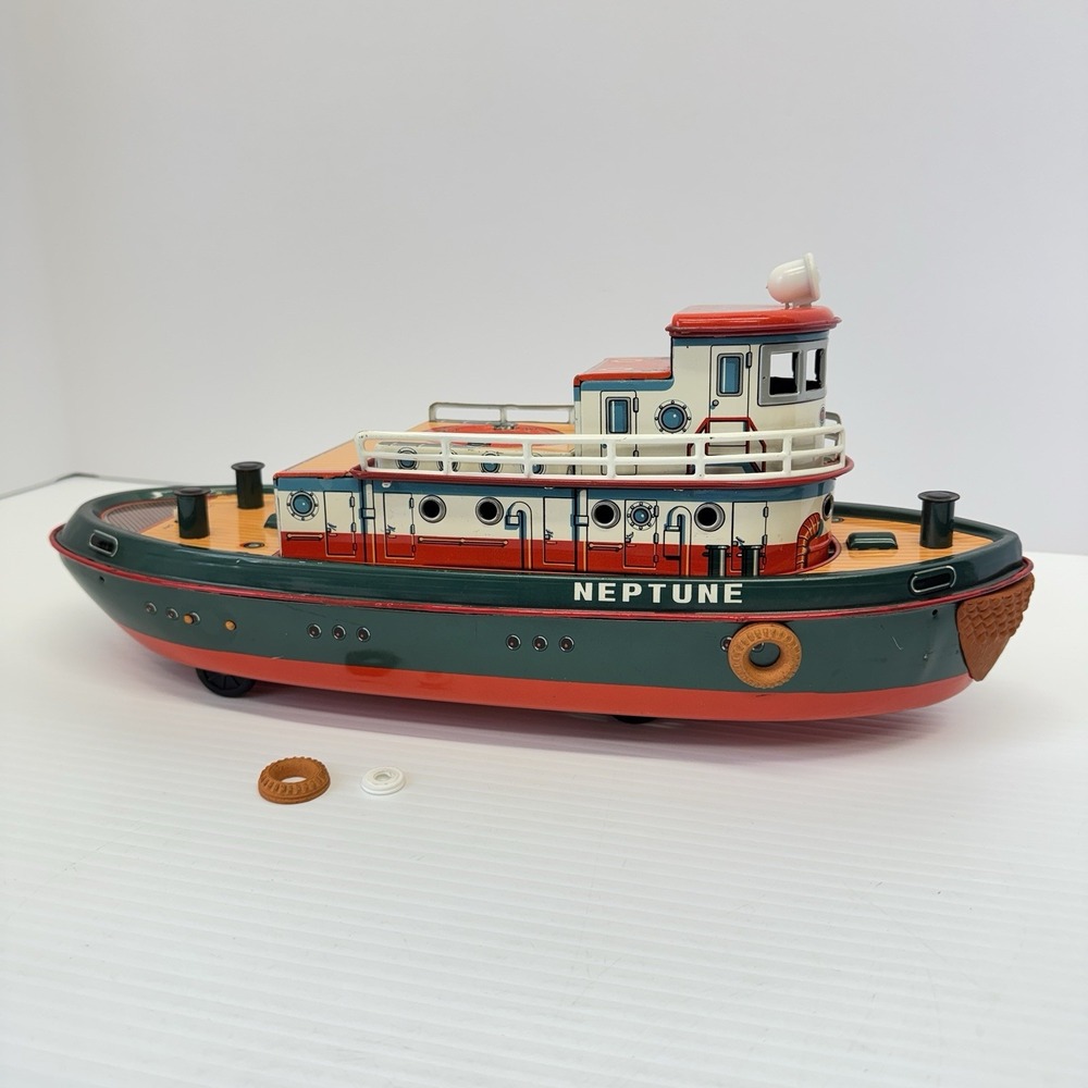 Vintage 1950's Japan Modern Toys "Neptune" Tug Boat Tin Litho Toy